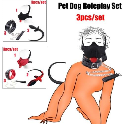 Bdsm Pet Role Play Party Masks Puppy Play Slave Bondage Muzzle Mask With Tongue,Pup Neck Collar With Leash,Dog Tail Plug Sex Toy