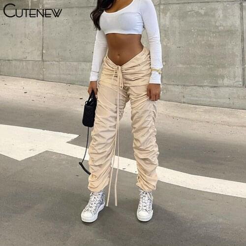 Cutenew Solid Lace Up Pleated Harem Pants Womens Autumn Fashion Elastic Low Waist Trousers Streetwear Casual Slim Lady Bottoms