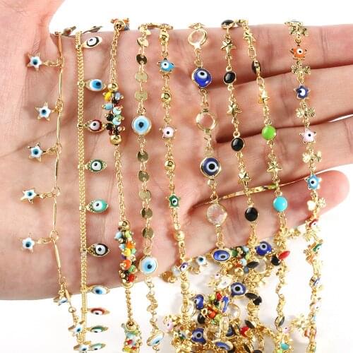 1 Meter Stainless Steel Gold Color Devils Eyes Glass Star Round Shape Beads For DIY Jewelry Making Necklaces Bracelets Anklet