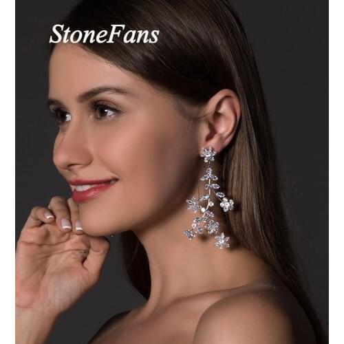 Stonefans Elegant Branches Leaves Flower CZ Earrings Wedding Bridal Drop Shiny Long Earrings AAAAA Cubic Zirconia for Women