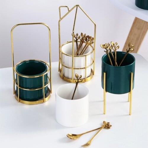 European Style Home Stainless Steel Ceramics Fruit Fork Set Metal Rack White Green Tableware Storage Tank 6 Leaf Fruit Fork Set