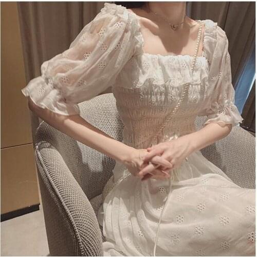 French Summer Off White Puff Sleeve Sweet Dress Korean Style Kawaii Fashion Fairy Grunge Lace Chiffon Hollow Solid Elegant Dress