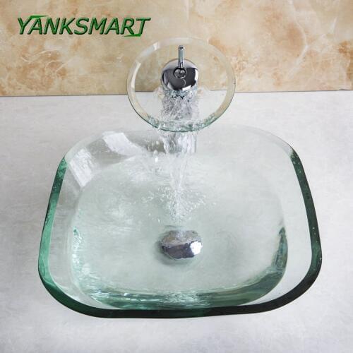 YANKSMART Bathroom Square Transparent Washbasin Clear Tempered Glass Vessel Sink + Waterfall Chrome Faucet With Pop-up Drain Set