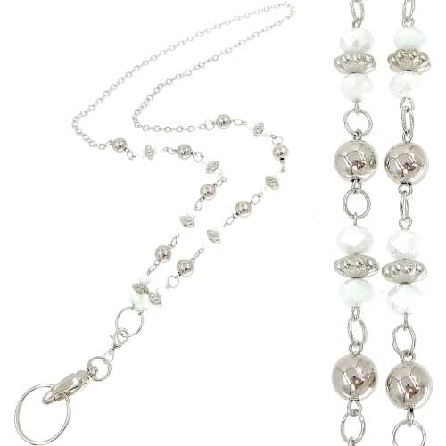 Womens Fashion White Glass Beads Lanyards ID Name Holder Clip Lanyard Chain Keys ID Name Badge Card Holder keyholder