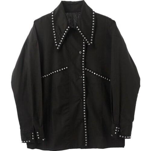 Oversized Tops Vintage New Mens Wear Fashion Personalized Rivet Contrast Color Ribbon Niche Long-Sleeved Shirt