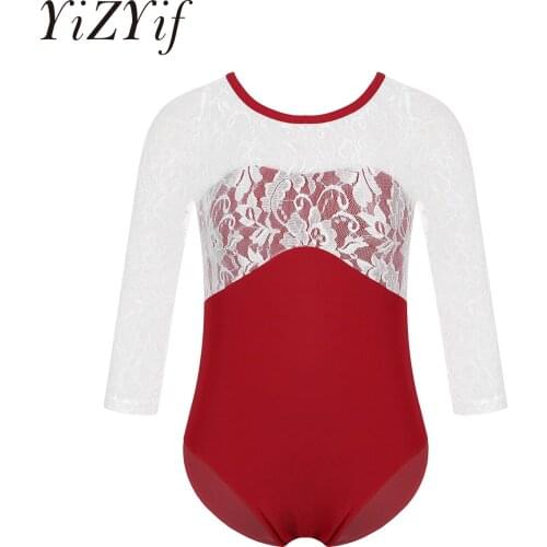 Kids Girls Ballet Leotards Pink Long Sleeve Lace Patchwork Gymnastics Leotard Long Sleeve Children Ballet Dancing Costumes