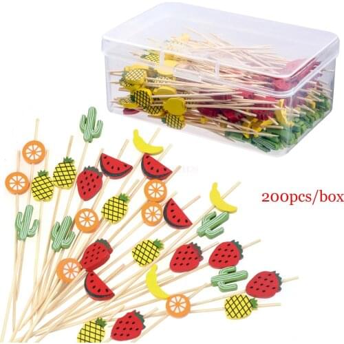 200Pcs/box Disposable Bamboo Fruit Sticks Fruit Fork Tropical Cocktail Picks Hawaiian Theme Fruit Kabob Skewer Toothpicks