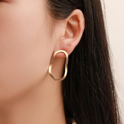 Simple Fashion Gold Color Silver Plated Geometric Big Oval Earrings For Women Fashion Big Hollow Drop Earrings Jewelry