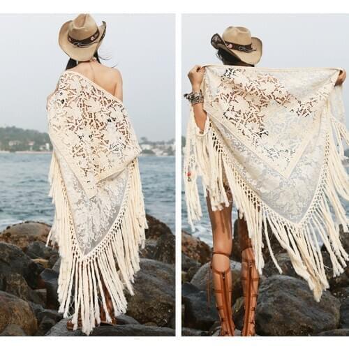 Fashion New Women Sexy Summer All-Match Seaside Beach Vacation Hollow Out Tassel Cotton Lace Big Shawl Scarf