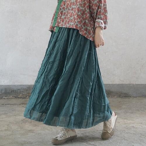 Johnature 2021 Summer New Ramie Vintage Women Skirts Elastic Waist Solid Color Original Clothes Female A-Line Skirts