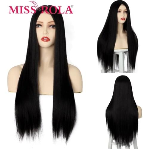 MISS ROLA Long Straight Black Middle Part Synthetic Wigs For Women Heat Resistant Fiber Hair Cosplay Party Daily