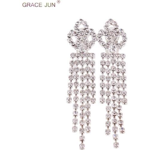 GRACE JUN Top Quality Clip on Earrings for Women Luxury Rhinestone Crystal No Pierced Long Tassel Earrings Christmas Gift 2018