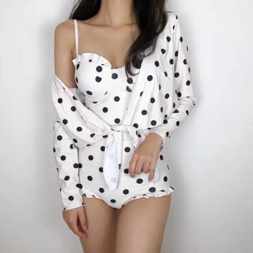 Korean Style 2021 New Summer Women Sexy Dot Long Sleeve Beach Swimsuit Two Piece Set Swimwear Split Swimsuit Surfing Beachwear