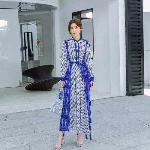 YUZACDWX Printed Dress Women Ankle-Length Elegant Shirt Dress 2020 Autumn New Style Retro Printed Waist Hugging Lace-up Dress