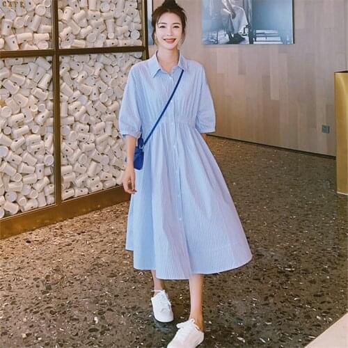 2021 Summer Puff Sleeve Lapel Blue Stripe Shirt Dresses for Women Vintage Elegant Loose Casual Single Breasted Woman Dress