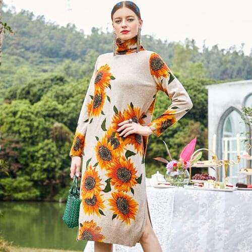 2020 Winter Casual Floral Knited Turtleneck Sweater Dress Autumn Vintage Chic Plus Size Women Elegant Bodycon Long Wool Sweaters