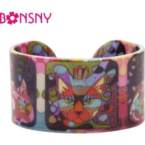 Bonsny Acrylic Wide Unique Cat Kitten Pattern Bracelets Bangles Fashion Animal Jewelry For Women Girls Gifts Craft Charms Bijoux