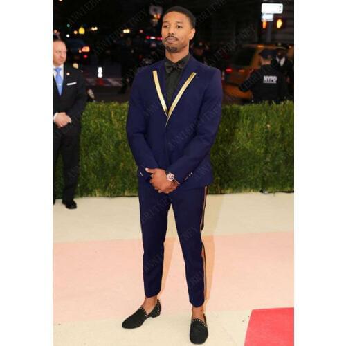 ANNIEBRITNEY 2019 New Designs Gold Lapel Men Suit Set Casual Navy Blue Tuxedo Slim Fit 2Pcs Men Suits Groom Wedding Prom Blazer