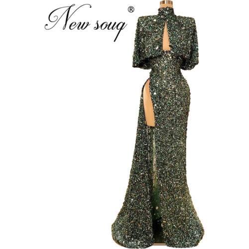 Sparkly Fabric High Split Side Prom Dresses Kaftan Dubai Arabic Party Gowns Robe De Soiree Abendkleider New Custom Glitter 2020