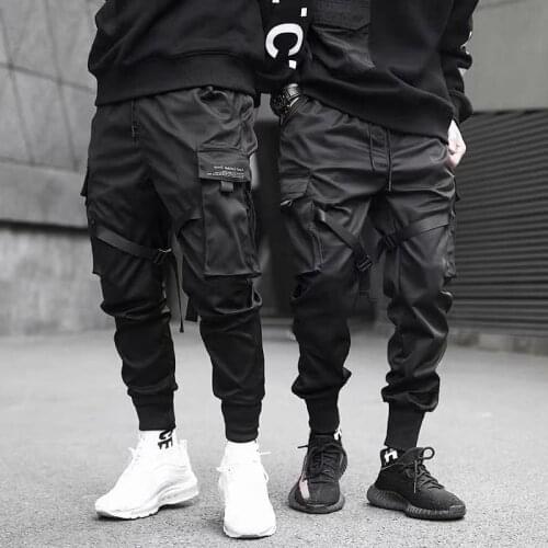 2021 New Joggers Cargo Pants for Men Casual Hip Hop Hit Color Pocket Male Trousers Sweatpants Streetwear Ribbons Techwear Pants