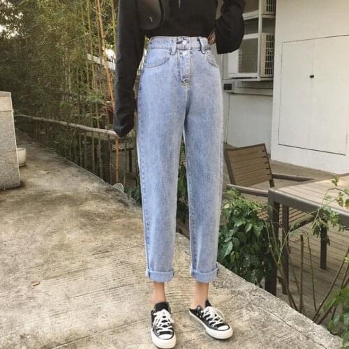 Jeans Women High Elastic Waist Zipper Ankle-length Denim Solid Simple Womens Trousers Harajuku Fashion Daily Loose Students Jean