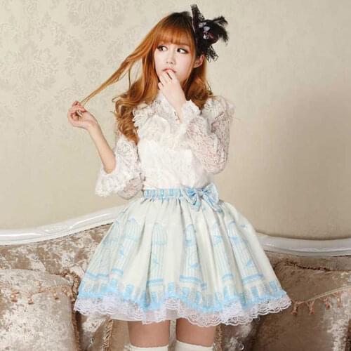 Elegant Blue Lace Bow Lolita Skirt Tea Party Saia Sweet Kawaii Princess Doll Women Skirts