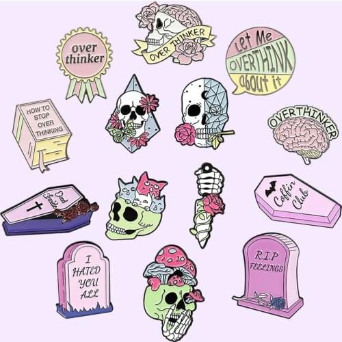 Pink Series Enamel Pins Overthinker Skeleton Skull Brooches Clothes Lapel Pin Cartoon Badge Jewelry Gift for Friends Wholesale