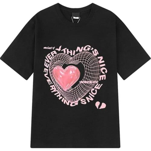 Oversize Heart Print O Neck Short Sleeve Cotton T Shirt Y2K Street Style Hip Hop Women T Shirt 2021 Summer Female Tops Clothing