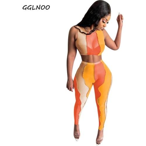 GGLNOOSummer Leeveless Crop Top Women Printed Fashion Elegant Streetwear stitching Colorblock Sheer Mesh 2 Piece Pants Sets 2021