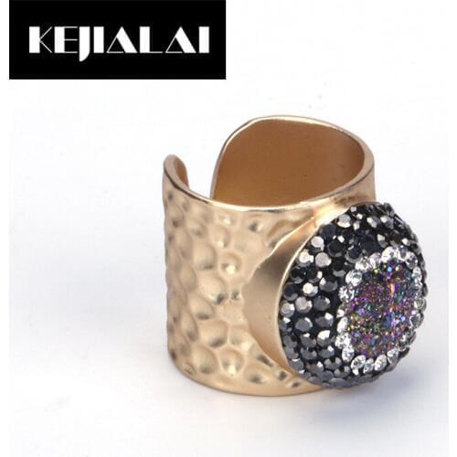 KEJIALAI Women Jewelry Punk Accessories Metal Rings for Men Women Natural Stone Layer Paved with Rhinestone Druzy Quartz Gift