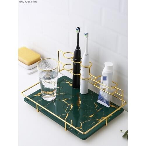 Golden marble ceramic tray bathroom supplies toothbrush holder desktop cosmetic storage tray square rack multi-function tea tray