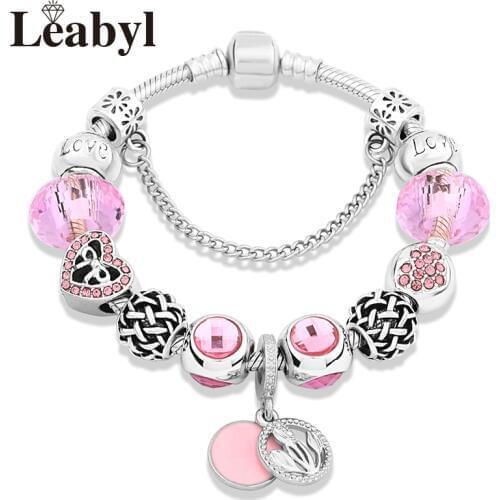 Leabyl Dropshipping Hot Pink Crystal Flower Charm Bracelet for Women Girl Gift Romantic Plant Pink Heart Bead Bracelet Femme New