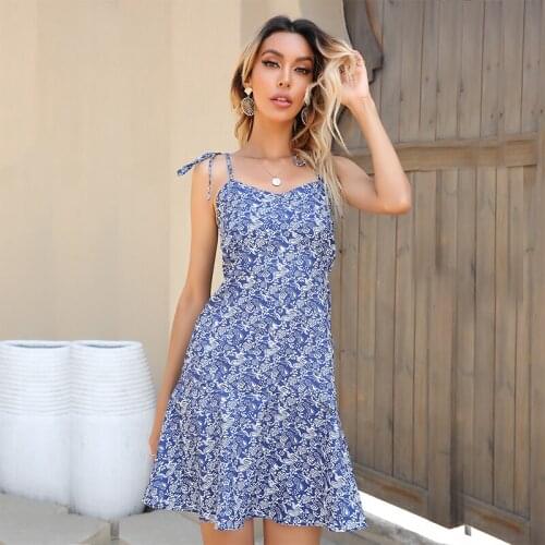 Summer Women Sling Floral Print Sleeveless Sexy Mini Dress Casual Loose Off Shoulder High Waist V Neck Streetwear Ladies Dresses