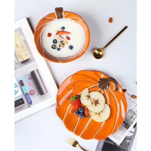Cute Ceramic Pumpkin Bowl Dessert Plate Dinner Dishes Breakfast Dinnerware Set Halloween Decoration