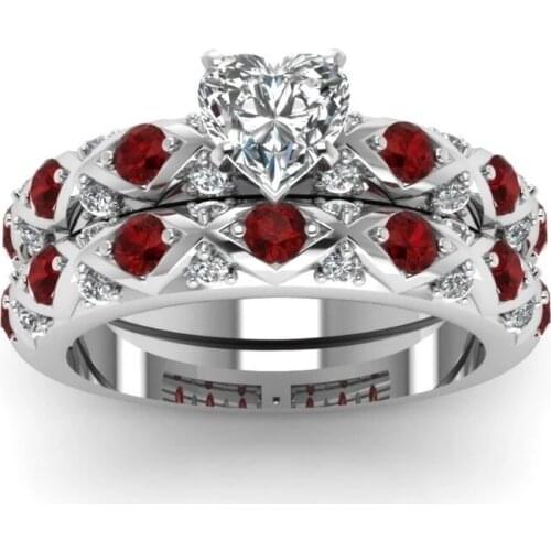 Fashion Women Ring Red Rhinestone Heart Ring Wedding Engagement Bands Finger Ring Birthday Gift Jewelry