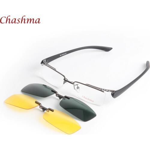 Chashma Brand Day and Night Driving Polarized Lenses Magnet Clips Prescription Spectacles Eyewear Frame Mens Optical Eye Glasses