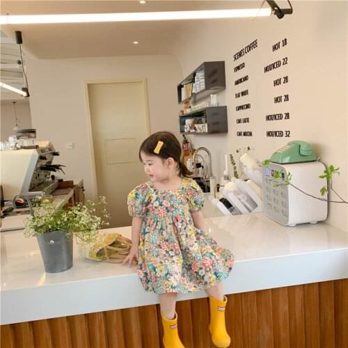 Summer new girls pastoral style floral puff sleeve dress female backless short-sleeved princess dress