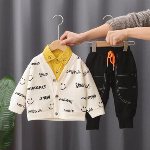 0-4 year old baby spring and autumn new solid color shirt cardigan three piece boys letter smiley face printed childrens suit