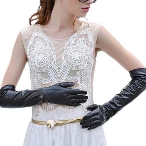 Black Genuine Leather Women Lady Sexy Arm Length Gloves Luxury Sheepskin Long Solid Gloves