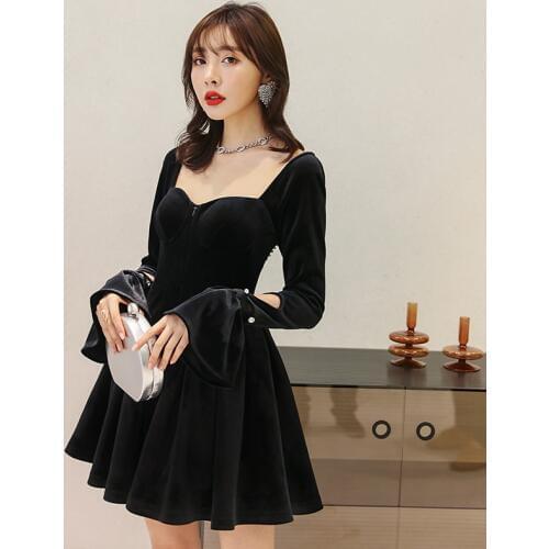 YIGELILA Latest New Fashion Black Dress Square Collar Full Sleeves Backless Dress Solid Above Knee Hollow Out Empire Dress 65465