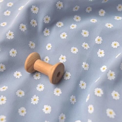 Half Meter Retro Light Grey Blue Little White Yellow Flower Print Chiffon Fabric For Summer Dress Skirt Han Cloth Garment 1113