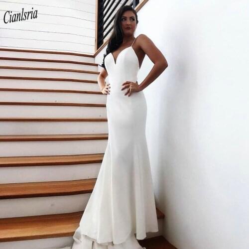 Simple V-Neck Backless Dubai Arabic Long Mermaid Wedding Dress Spaghetti Straps Sleeveless Sashes Bow Saudi Satin Bridal Gown
