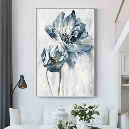 Hand-painted Abstract Oil Painting Modern Minimalist Nordic Abstract Blue Floral Living Room Large Decorative Painting