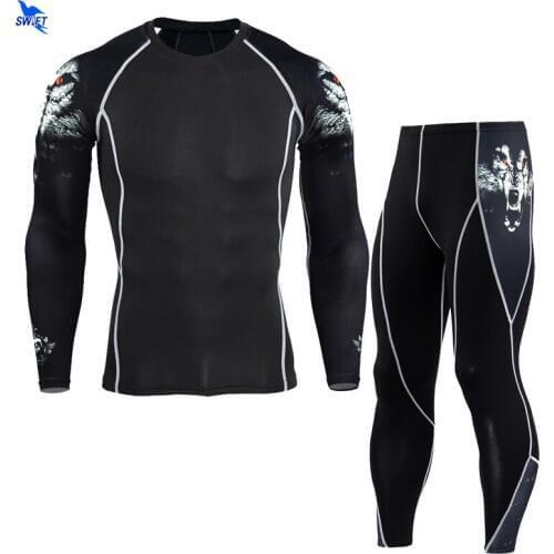 3D Printed Mens Running Set Compression Long Sleeve Shirts+Leggings 2 Pcs Sports Suit Base Layer Crossfit Fitness MMA Sportswear