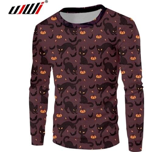UJWI Man Black Yellow Stitching Pullover 3D Printed Halloween Theme Cat And Pumpkin New Recommend Sweatshirt