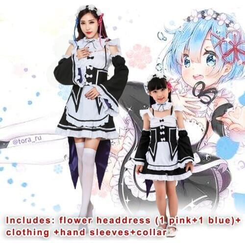 Emilia Rem Ram Cosplay Lolita maid outfit woman parent-child outfit wig stockings pink blue flower head skirt hand sleeve collar