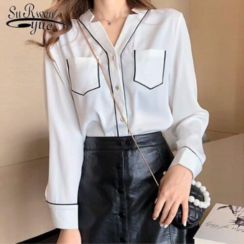 2020 New Arrival Womens Tops and Blouses Sexy V-neck White Black Long Sleeve Chiffon Blouse Elegant Pocket Tops 7956 50