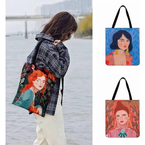 Ladies Shoulder Bag Fresh Girls Illustration Print Tote Bag For Women Casual Tote Outdoor Beach Tote Bags Foldable Shopping Bags