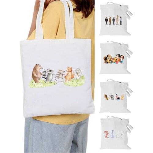 Shopping Bag Foldable Cartoon Pattern Women Canvas Shoulder Bag Eco Handbag Tote Reusable Grocery Shopper Bags