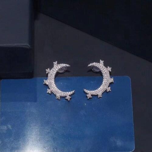 SLJELY 1 Pair Brand Elegant 925 Sterling Silver CZ Star Moon Earrings Micro Pave Cubic Zirconia Women Party Fine Design Jewelry